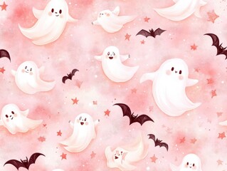 Wall Mural - cute halloween pattern with ghosts, bats, and stars on a pink background.