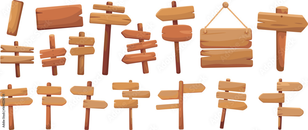 Cartoon wooden signposts set, directional arrow boards, rustic signage ...