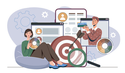Creative team analyzing user profiles. Vector illustration