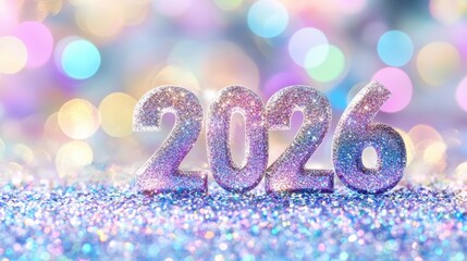 Wall Mural - Sparkling 2026 glitter numbers against a soft, blurred bokeh background.