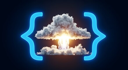 Atomic cloud explosion with glowing brackets on a dark background in a rendered image