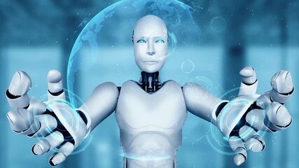 Wall Mural - ai hominoid robot holding virtual hologram screen showing concept of big data analytic using artific