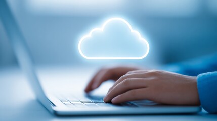 Hands typing on a laptop, illuminated cloud icon hovering above. Concept of online data