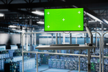 Server hub green screen monitoring systems and processing deep learning datasets for AI workflows. PC displays tracking hardware supporting artificial intelligence model development.