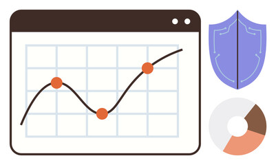 Graphs with data points, shield for cybersecurity, pie chart for analytics. Ideal for data monitoring, security, business growth, IT management, technology, statistics simple flat metaphor