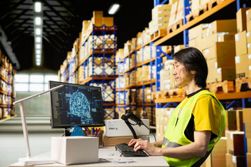 asian warehouse clerk using ai brain systems with neural networks, using virtual assistant to proces