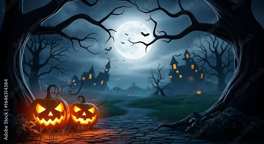 Spooky halloween night with glowing pumpkins and haunted house Stock ...