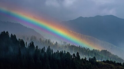 Wall Mural - vibrant rainbows arching across a misty forest and mountain landscape create a breathtaking scene fi