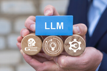 Person holding blocks with icons sees acromym: LLM. LLM Large Language Model AI Technology Concept. Artificial intelligence deep learning machine.
