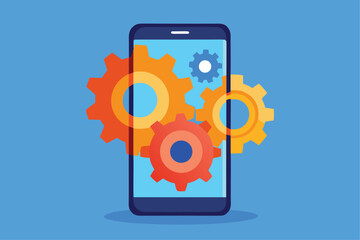 Mobile phone with gears on screen representing application settings and technological development