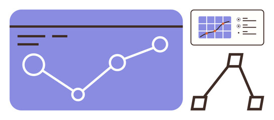 Graph with connected points, workflow diagram, and monitor interface emphasizing data trends, analytics, and process mapping. Ideal for technology, business, strategy, planning development