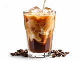 Glass of iced coffee with milk swirl, isolated on white background