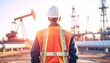 © Muhammad - A worker in a hard hat and high-visibility vest stands facing an oil field with pumpjacks and industrial infrastructure in the background during a bright sunrise.