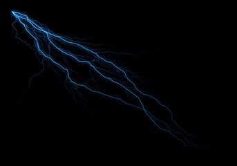 Wall Mural - a vibrant blue lightning bolt streaks across a pitch-black background, its branches reaching and for
