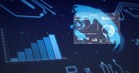 Wall Mural - globe panel rotating in dark grid space, with bar-line charts and circuit lines, copy space