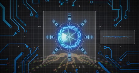 Wall Mural - displaying central glowing circular blue hud interface in cyber dashboard, with golden data blocks