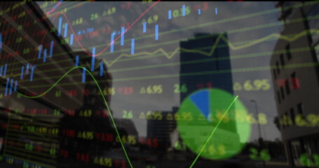 Wall Mural - Displaying financial overlay on downtown street with skyscraper and candlestick charts and tickers