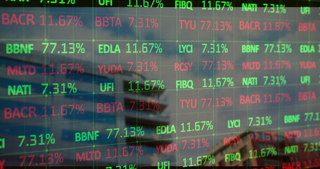 Wall Mural - Displaying transparent ticker showing stock symbols and percentages in office, with steel beams