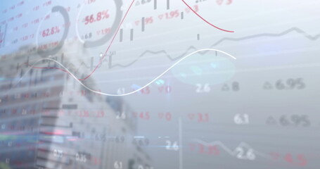 Wall Mural - Displaying stock data showing line graphs, candlestick charts, percent figures on digital interface