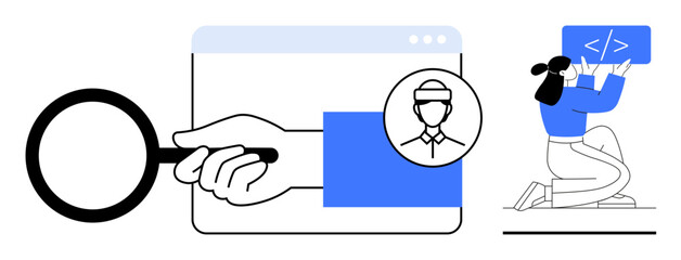 Magnifying glass over user profile icon, browser window illustration, person coding on screen. Ideal for web development, technology, user interface, coding, analytics, UX simple landing page