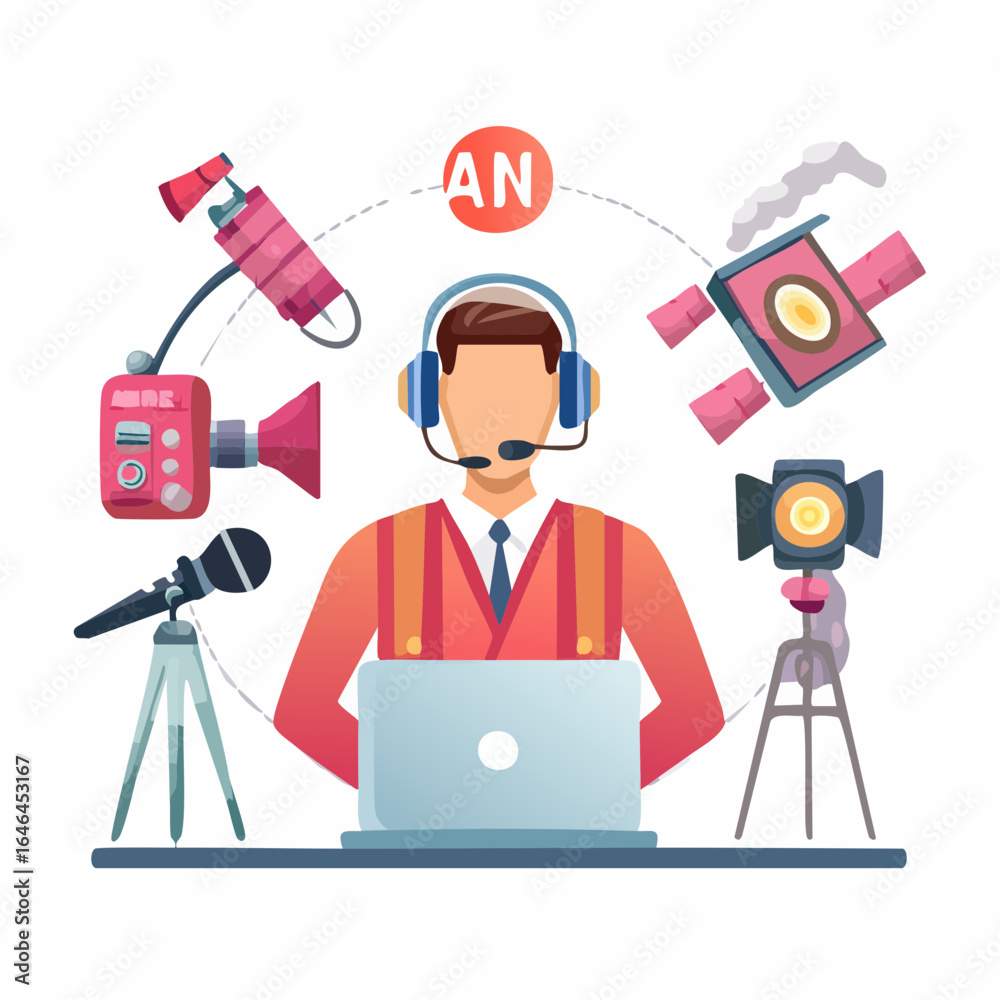 Flat vector broadcaster icon set with microphone, headset, live ...