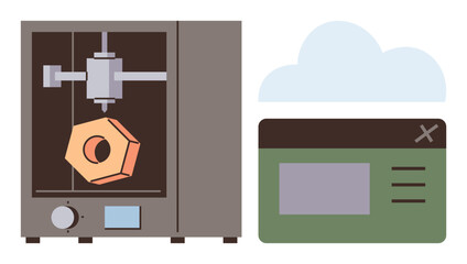 3D printer crafting a 3D hexagon, control interface screen, and linked cloud symbol. Ideal for technology, innovation, prototyping, automation, manufacturing, engineering simple flat metaphor