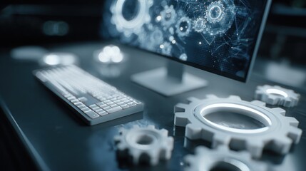 Futuristic Technology Gears and Computer Setup