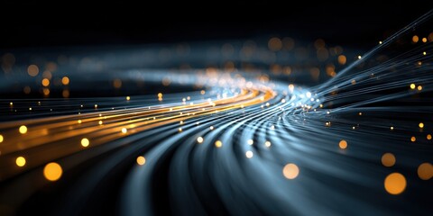 Abstract Light Streaks Background: Blue and Orange Flowing Data with Bokeh Effect