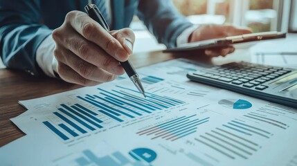 Wall Mural - a person analyzing financial data with a pen and calculator, focusing on bar graphs and charts on a 