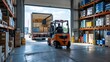 © Pixels Stock - Forklift operator loading and unloading goods from a truck inside a brightly lit modern warehouse with stacked inventory on shelves
