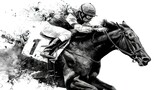 Generative AI, Ink painted racing horse with jockey, equestrian sport, monochrome illustration. High quality
