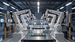 © Pixels Stock - Modern automated factory assembly line with multiple robotic arms working in unison on a production conveyor belt