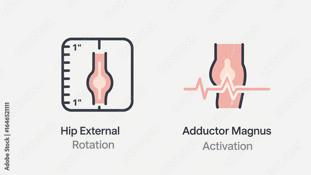 Hip joint external rotation and adductor activation icons represent ...