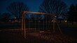 © Future Vision - Swing set with three empty swings standing in park at night, with woodchip ground, metal fence