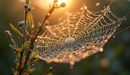 A spider web sparkles with dew drops, suspended between green branches.