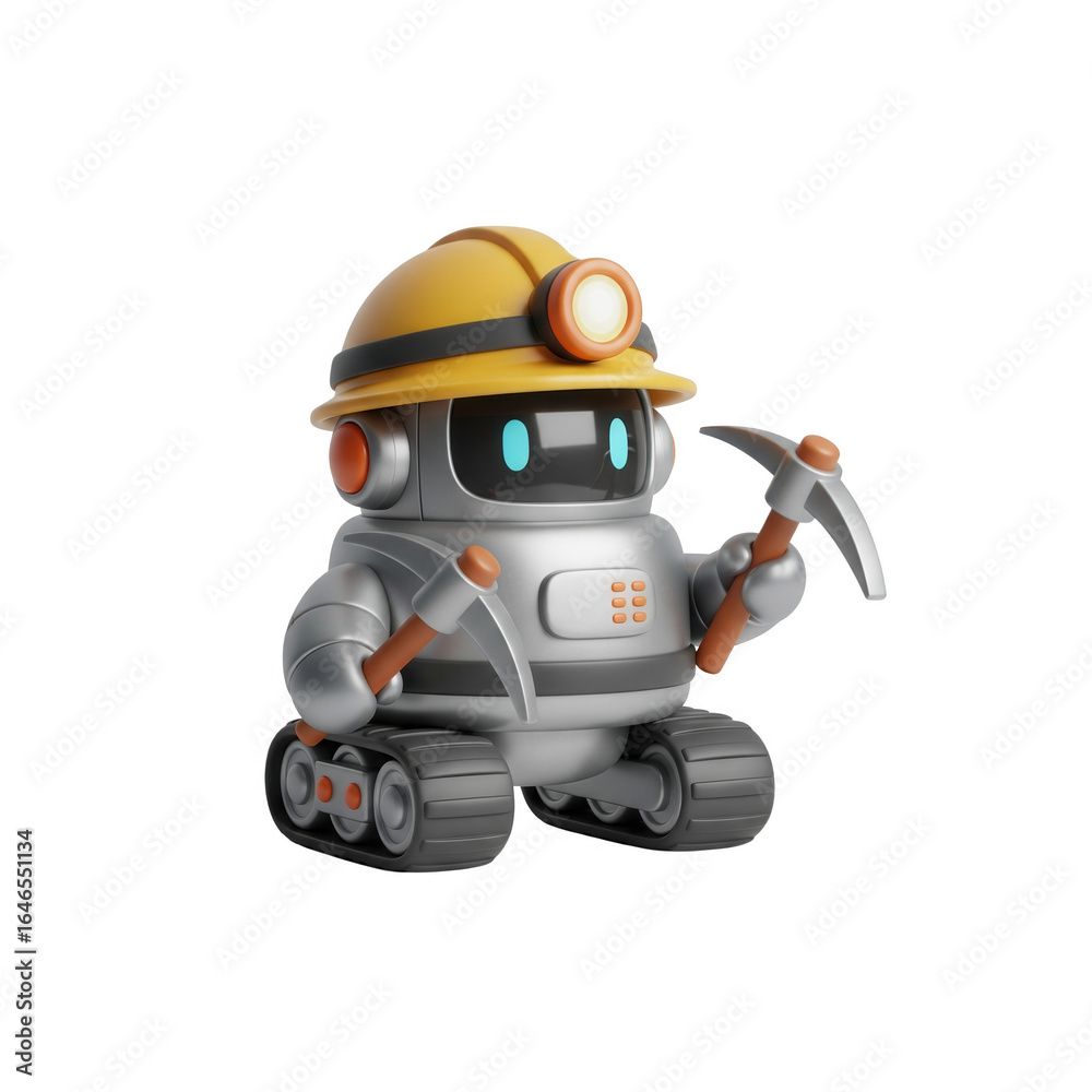 Cute Silver Mining Robot Wearing Hard Hat and Holding Pickaxe on ...