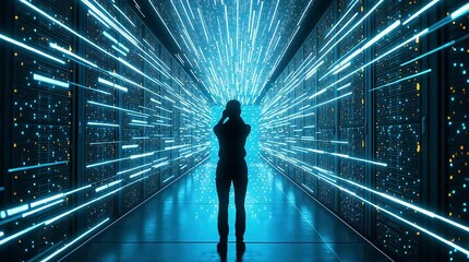 Man standing in a futuristic digital data server room with blue lights