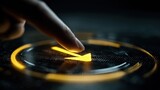 The Onset of Innovation: A close-up perspective features a single finger poised to activate a luminous forward symbol, set against a backdrop of dark aesthetics, the concept of progress. Generative Ai