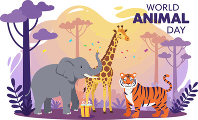  Cartoon giraffe, zebra, tiger, and koala with green leaves, World Animal Day 4 October, wildlife conservation and biodiversity awareness.