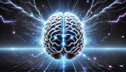 Wall Mural - A glowing human brain with intricate neural folds, radiating an intense blue-white energy aura