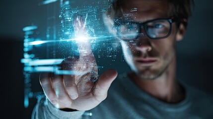 Visionary tech expert interacting with futuristic digital interface, showcasing innovation and modern technology solutions in a dynamic workspace