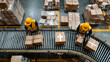 © Atchariya63 - Warehouse workers handling cardboard box on conveyor belt in distribution center with stacked packages and fast motion blur