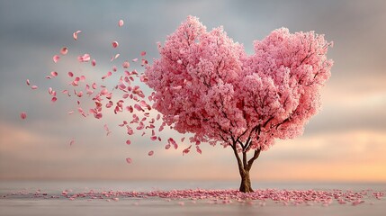 a tree with pink petals flying out of it.
