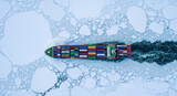 Container ship aerial ice frozen sea winter transport colorful cargo shipping logistics. Aerial view of colorful container ship breaking through frozen sea ice symbolizing resilience and global