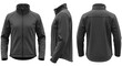 © tr144 - Men's black long sleeve softshell jacket mockup showing front, side, and back views for apparel design