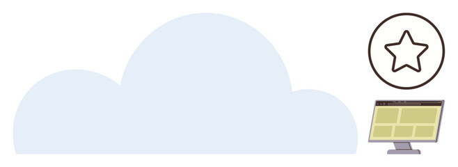 Large cloud shape occupies the center, paired with a monitor and a circle containing a star. Ideal for digital storage, online service, data access, cloud solutions, technology, innovation, simple