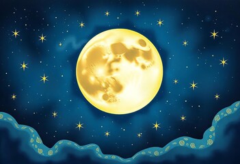 Wall Mural - Whimsical tarot-style moon & stars night sky, celestial illustration for prints,  nebula,  wallpaper
