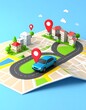 © Ayuni - A stylized map shows a blue car navigating a route between several locations marked by red pins