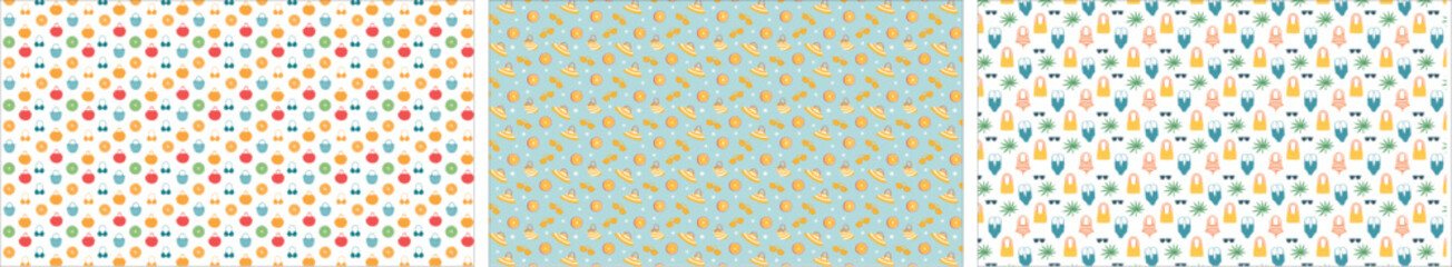 A fun and cheerful seamless pattern featuring a variety of summer accessories, including beach hats, stylish sunglasses, and colorful flip-flops, for a vacation vibe.