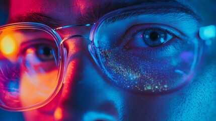 Wall Mural - a close-up of mesmerizing eyes behind stylish glasses. the vibrant blend of blue and red lights crea